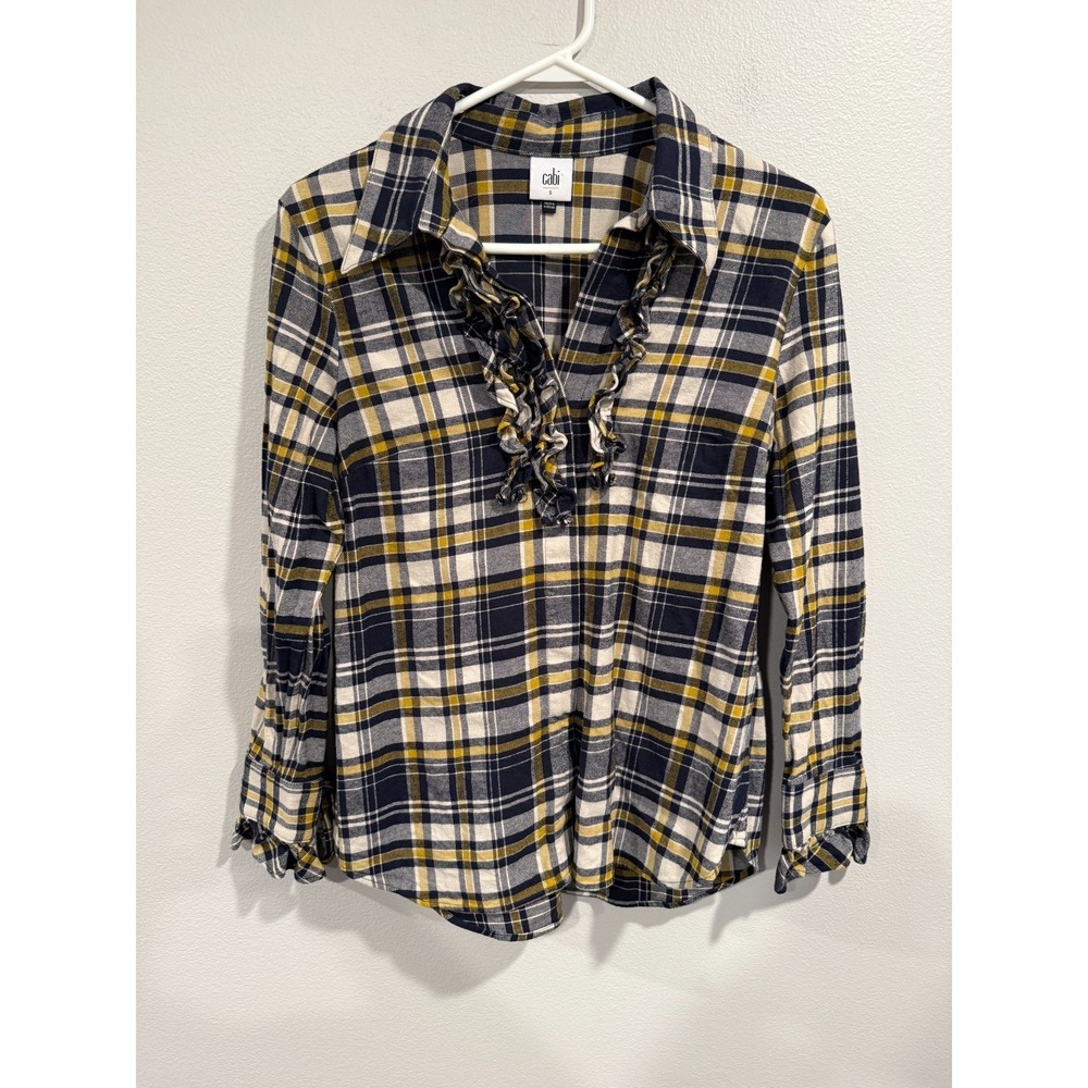 Cabi Seattle Flannel Blouse Women Small Black Yellow Plaid Ruffled Neck Collared